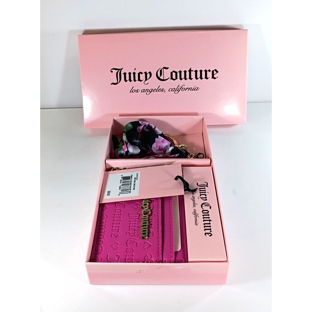 NWT Juicy Couture Hot Pink Card Wallet Key Chain & Scarf Gift Set Open Box - Picture 7 of 16